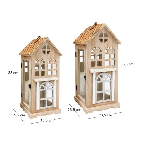 SET 2 LIGHT BROWN WOODEN LANTERN IN THE SHAPE OF A HOUSE WITH A BRONZE METAL TOP 23,5X23X55,5  16X15,5X38CM
