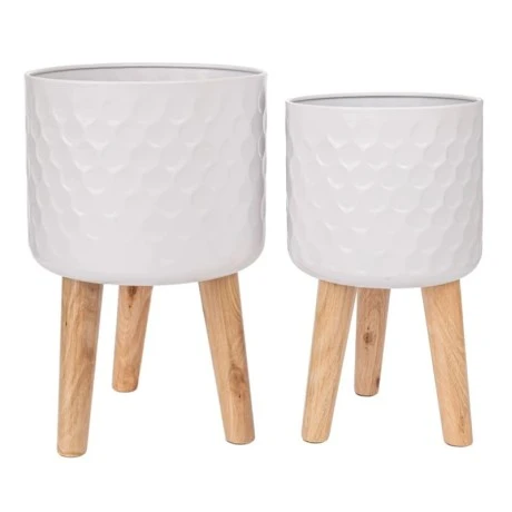 SET 2 WHITE METAL FLOWER POT WITH WOODEN LEGS 28X43 25X41CM