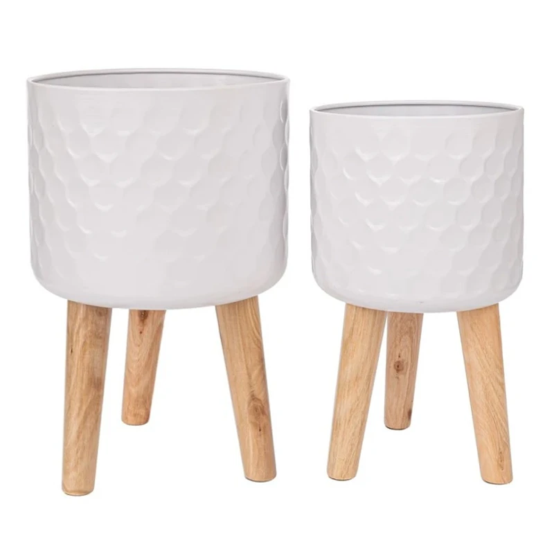 SET 2 WHITE METAL FLOWER POT WITH WOODEN LEGS 28X43 25X41CM