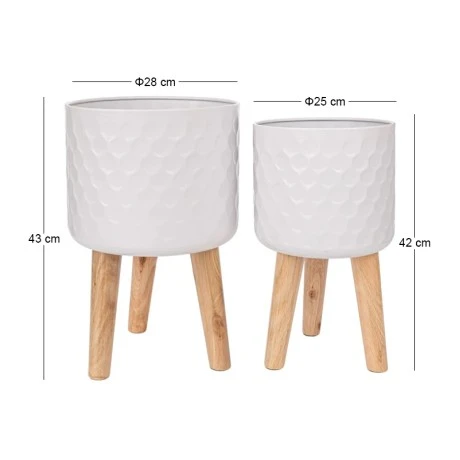 SET 2 WHITE METAL FLOWER POT WITH WOODEN LEGS 28X43 25X41CM