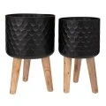 SET 2 BLACK METAL FLOWER POT WITH WOODEN LEGS 28X43 25X41CM