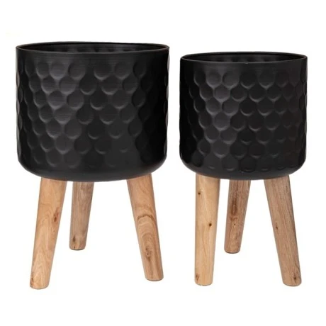 SET 2 BLACK METAL FLOWER POT WITH WOODEN LEGS 28X43 25X41CM