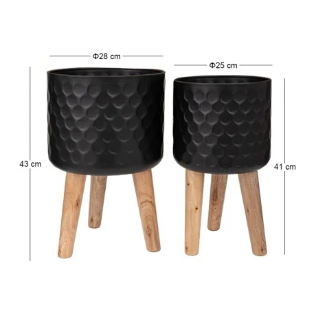 SET 2 BLACK METAL FLOWER POT WITH WOODEN LEGS 28X43 25X41CM