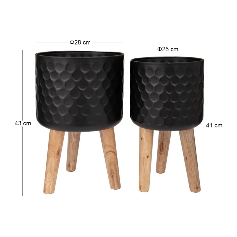 SET 2 BLACK METAL FLOWER POT WITH WOODEN LEGS 28X43 25X41CM