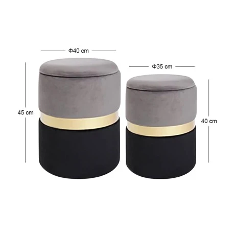 SΕΤ 2 BLACK GREY AND GOLD WOODEN STOOL 40x40x45 35x35x40CM
