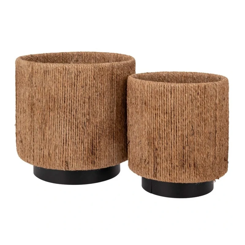 SET 2 BLACK METAL POT WITH JUTE D21X22 D16X16CM