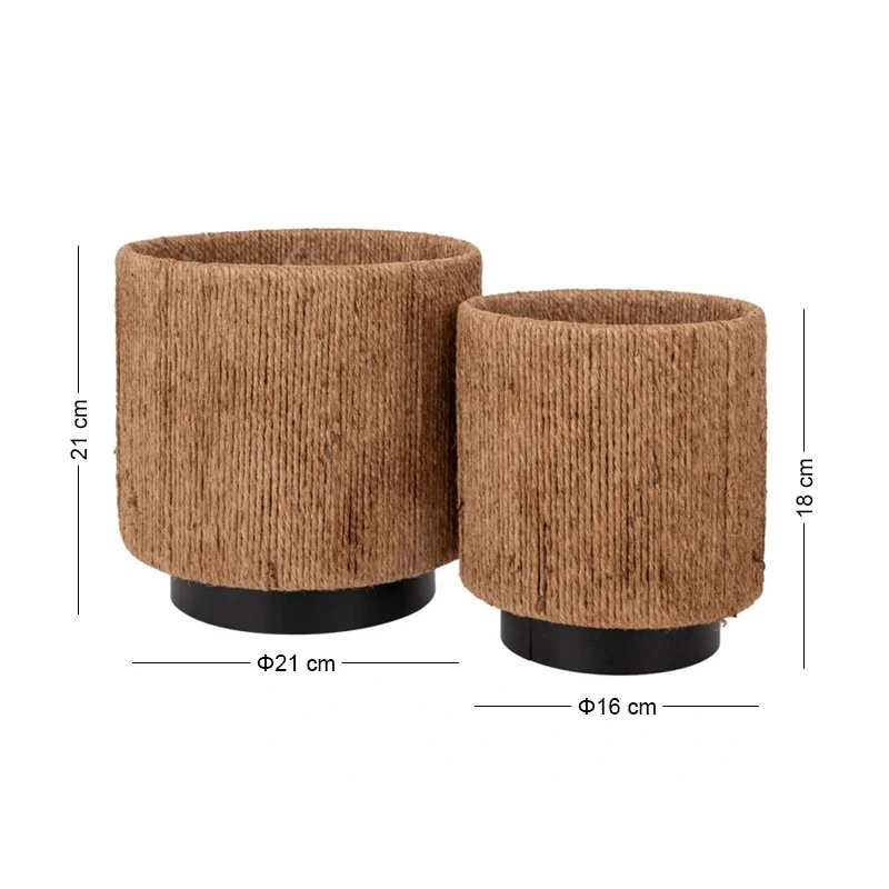 SET 2 BLACK METAL POT WITH JUTE D21X22 D16X16CM