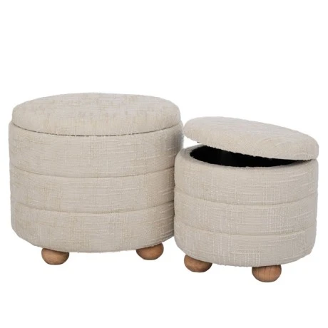 SET 2 CREAM FABRIC STOOL WITH STORAGE SPACE AND WOODEN LEGS 48X48X40  37X37X34CM