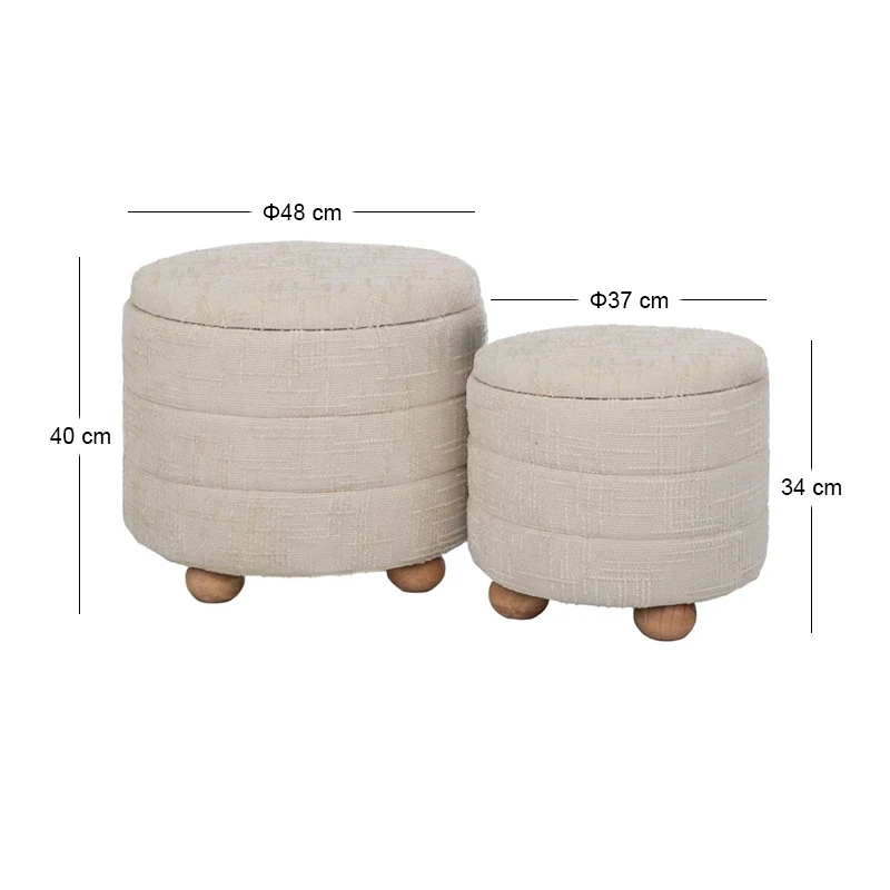 SET 2 CREAM FABRIC STOOL WITH STORAGE SPACE AND WOODEN LEGS 48X48X40  37X37X34CM