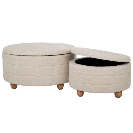 SET 2 CREAM FABRIC STOOL WITH STORAGE SPACE AND WOODEN BASE 83X83X42  63X63X35CM