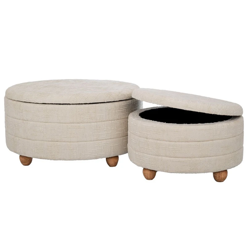 SET 2 CREAM FABRIC STOOL WITH STORAGE SPACE AND WOODEN BASE 83X83X42  63X63X35CM