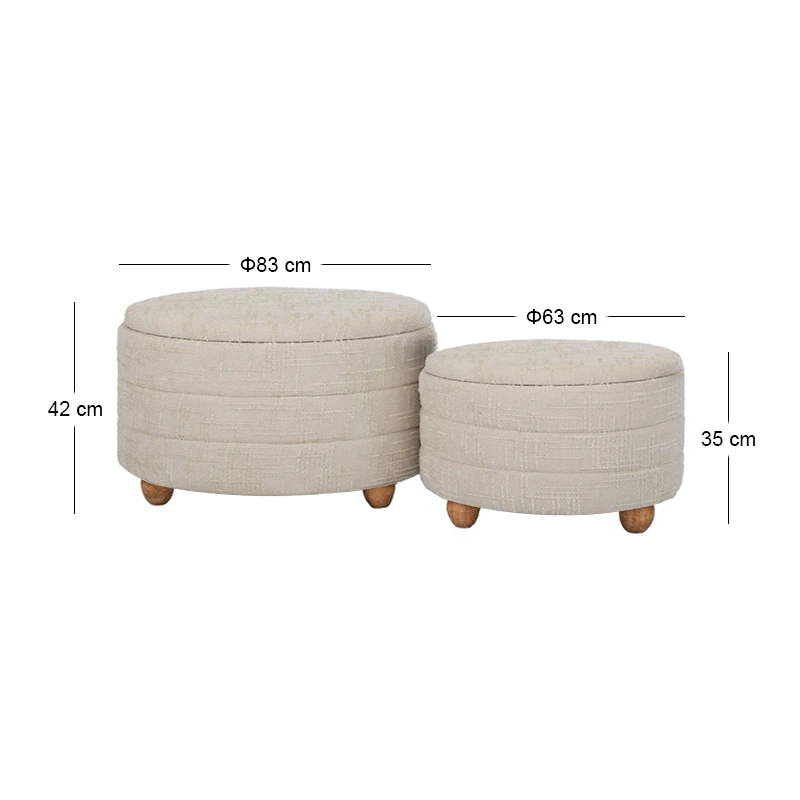SET 2 CREAM FABRIC STOOL WITH STORAGE SPACE AND WOODEN BASE 83X83X42  63X63X35CM