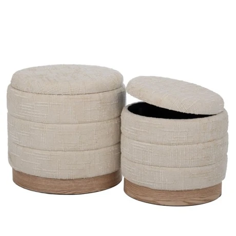 SET 2 CREAM FABRIC STOOL WITH STORAGE SPACE AND WOODEN BASE 42X40X40  35X35X34CM