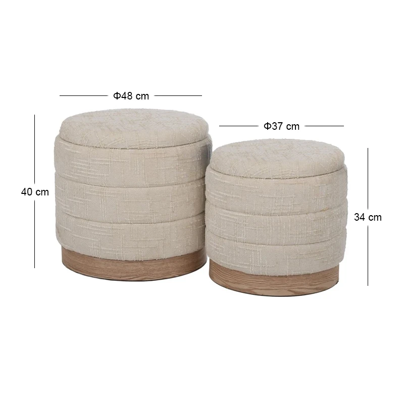 SET 2 CREAM FABRIC STOOL WITH STORAGE SPACE AND WOODEN BASE 42X40X40  35X35X34CM