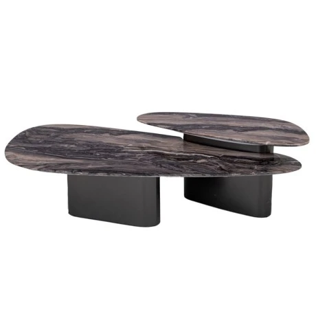SET 2 GREY METAL TABLES WITH GREY BROWN MARBLE SURFACE 144X75X47CM
