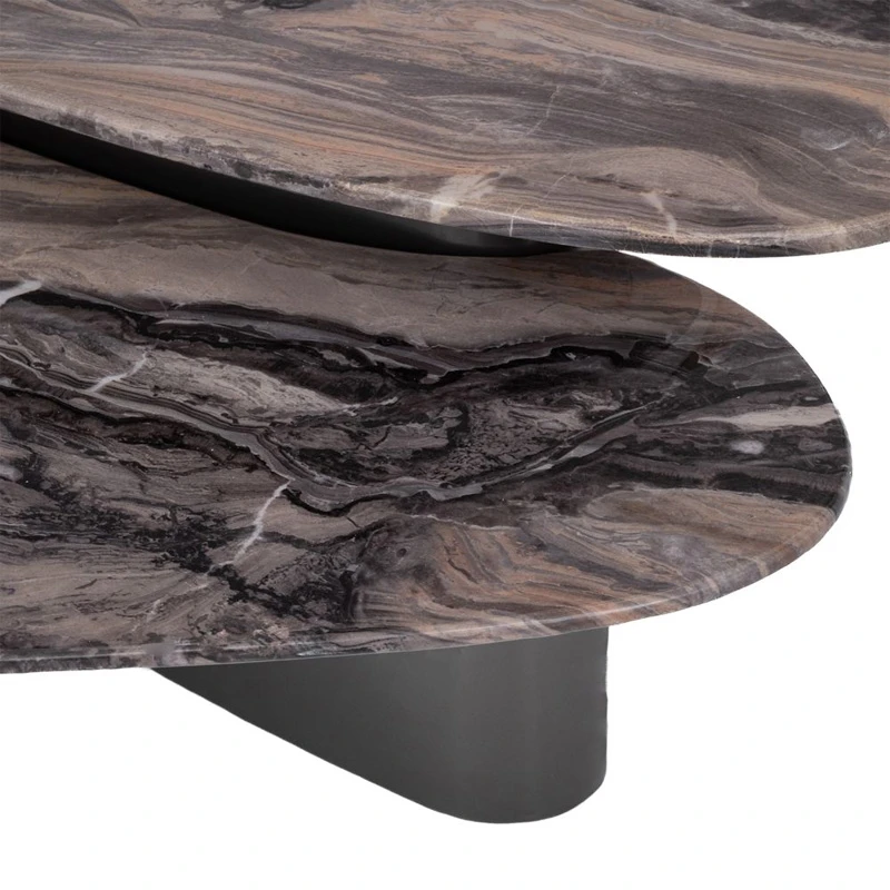 SET 2 GREY METAL TABLES WITH GREY BROWN MARBLE SURFACE 144X75X47CM