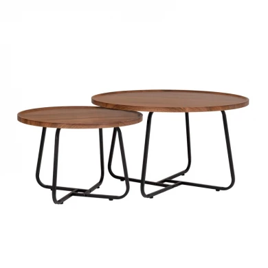 SET 2 BROWN CIRCLE TABLES MDF ON BLACK METAL LEGS D60X39CM