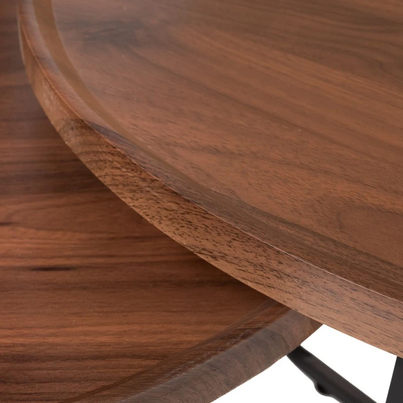 SET 2 BROWN CIRCLE TABLES MDF ON BLACK METAL LEGS D60X39CM