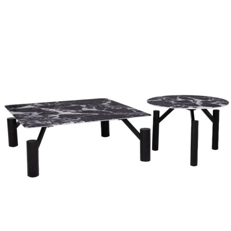 SET 2 BLACK METAL TABLES WITH BLACK MARBLE SURFACE 90X90X35CM D60X42CM