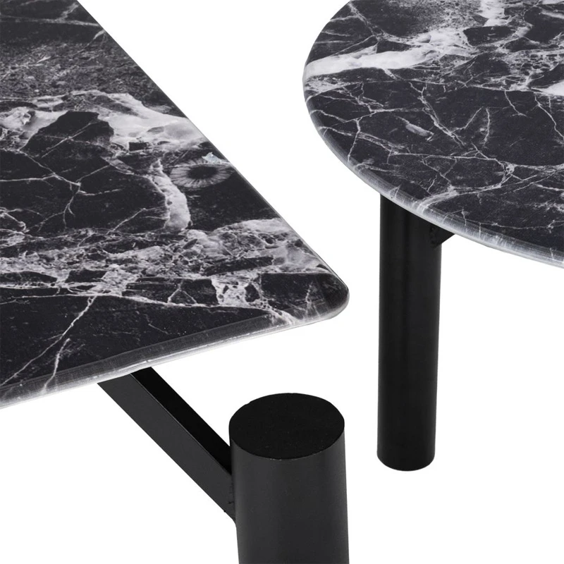 SET 2 BLACK METAL TABLES WITH BLACK MARBLE SURFACE 90X90X35CM D60X42CM