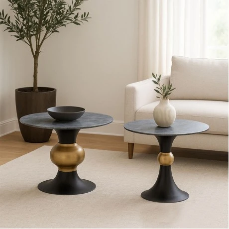 SET 2 BLACK GOLD METAL TABLES WITH BLACK AND WHITE CERAMIC SURFACE (MARBLE EFFECT) D80X47 D60X56