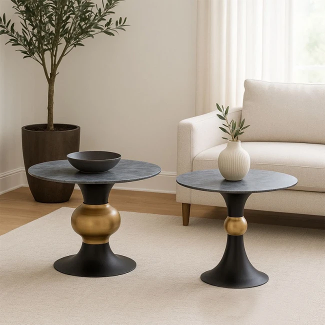 SET 2 BLACK GOLD METAL TABLES WITH BLACK AND WHITE CERAMIC SURFACE (MARBLE EFFECT) D80X47 D60X56