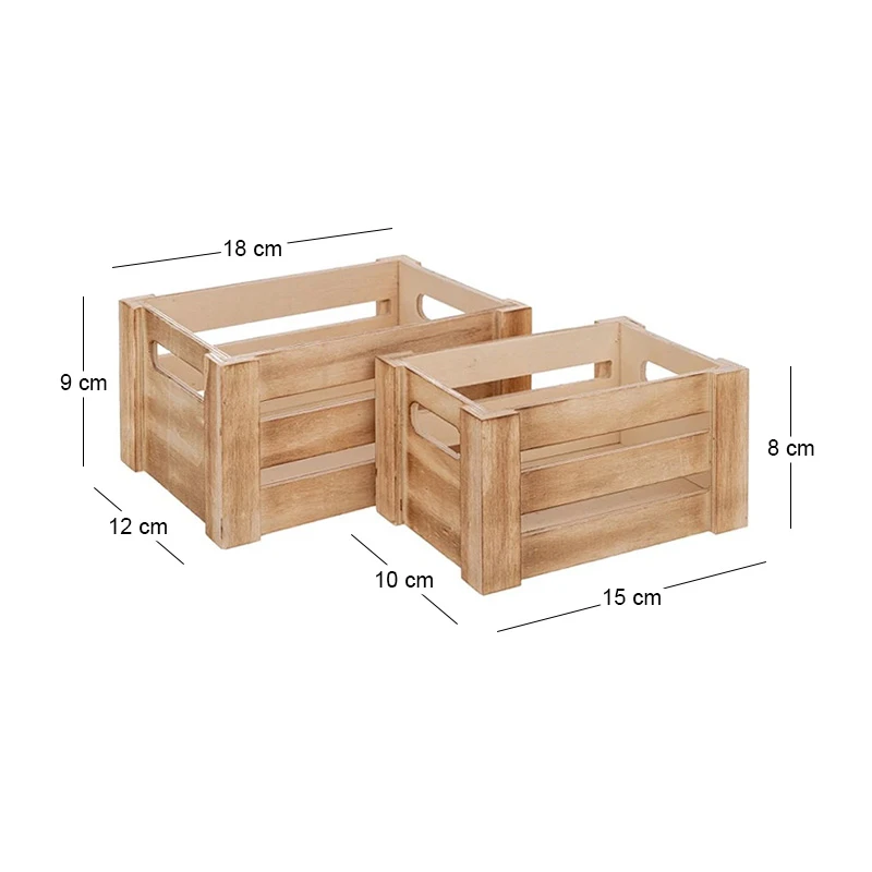 SET 2 NATURAL WOODEN CRATE 18X12X9 15X10X8CM
