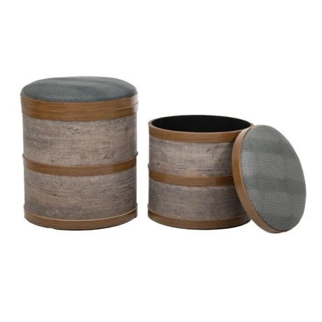 SET 2 WOODEN BROWN STOOL WITH GREY LEATHER SEAT 39x45 34x38CM