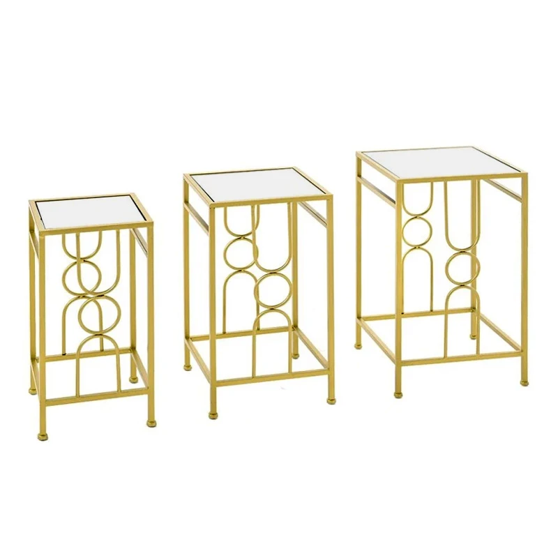 SΕΤ 3 GOLD METAL SIDE TABLE WΙΤΗ MIRROR TOP 35Χ60 30Χ55 25Χ50CM