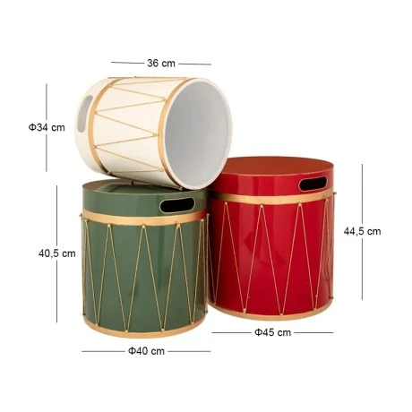 XMAS SET 3 RED GREEN WHITE METAL BOX WITH DRUM DESIGN 45Χ44.5CM 40.5CM 34Χ36CM