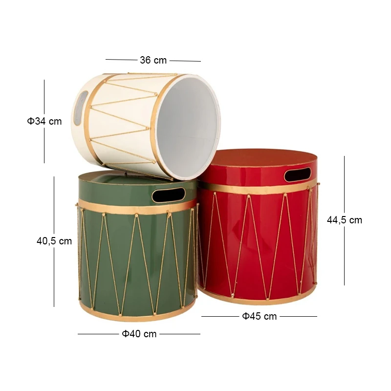 XMAS SET 3 RED GREEN WHITE METAL BOX WITH DRUM DESIGN  45Χ45Χ44.5CM 40Χ40Χ40.5CM 34Χ34Χ36CM