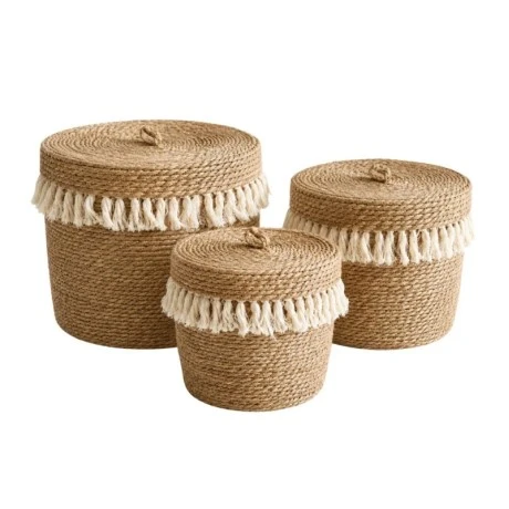 SET 3 NATURAL ROPE BASKET WITH LID 42X38 37X37 32X35CM