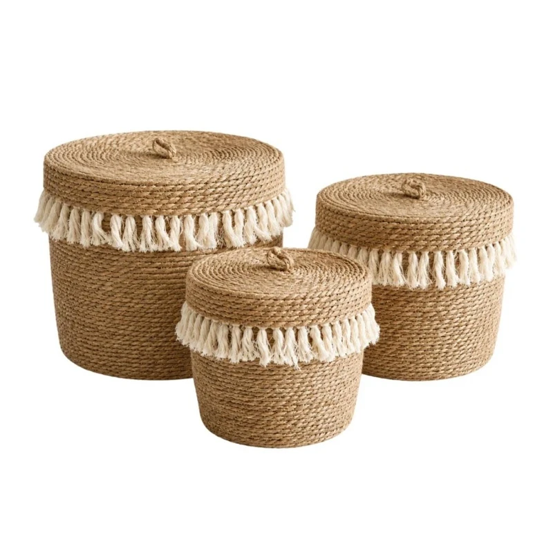 SET 3 NATURAL ROPE BASKET WITH LID 42X38 37X37 32X35CM