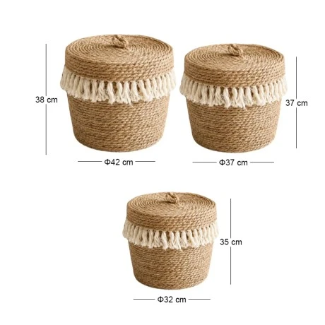 SET 3 NATURAL ROPE BASKET WITH LID 42X38 37X37 32X35CM