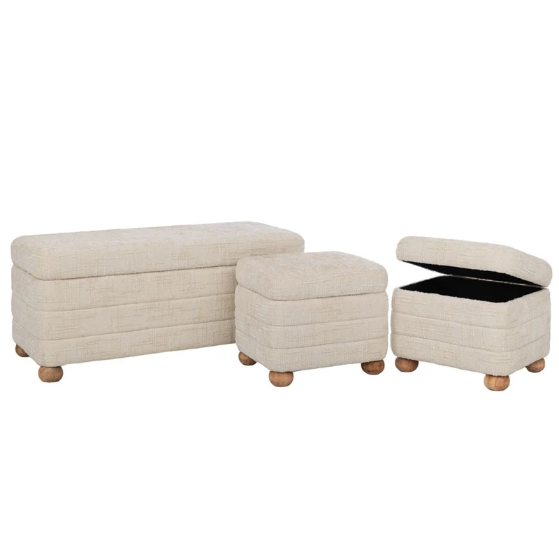 SET 3 CREAM FABRIC STOOL WITH STORAGE SPACE AND WOODEN LEGS 93X42X41  40X34X34  40X34X34CM
