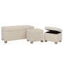 SET 3 CREAM FABRIC STOOL WITH STORAGE SPACE AND WOODEN LEGS 93X42X41  40X34X34  40X34X34CM