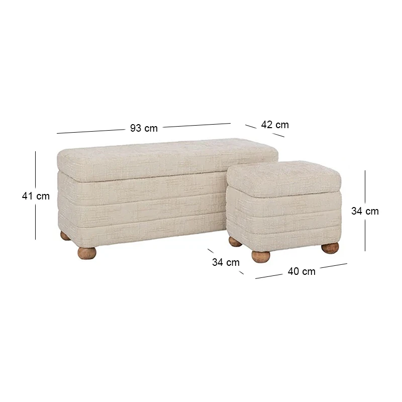 SET 3 CREAM FABRIC STOOL WITH STORAGE SPACE AND WOODEN LEGS 93X42X41  40X34X34  40X34X34CM