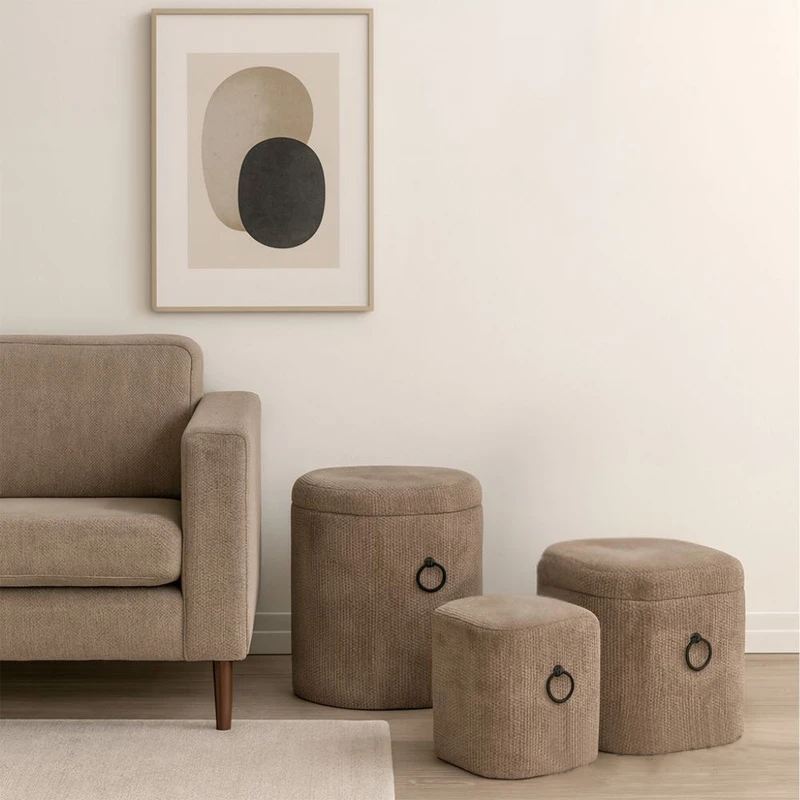 SET 3 ELEPHANT FABRIC SQUARE STORAGE STOOL WITH BLACK METAL HANDLES 38X38X43CM 33X33X33CM 27X27X27CM
