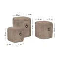 SET 3 ELEPHANT FABRIC SQUARE STORAGE STOOL WITH BLACK METAL HANDLES 38X38X43CM 33X33X33CM 27X27X27CM