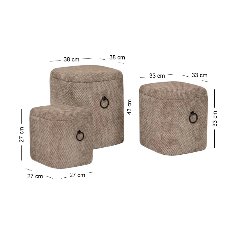 SET 3 ELEPHANT FABRIC SQUARE STORAGE STOOL WITH BLACK METAL HANDLES 38X38X43CM 33X33X33CM 27X27X27CM