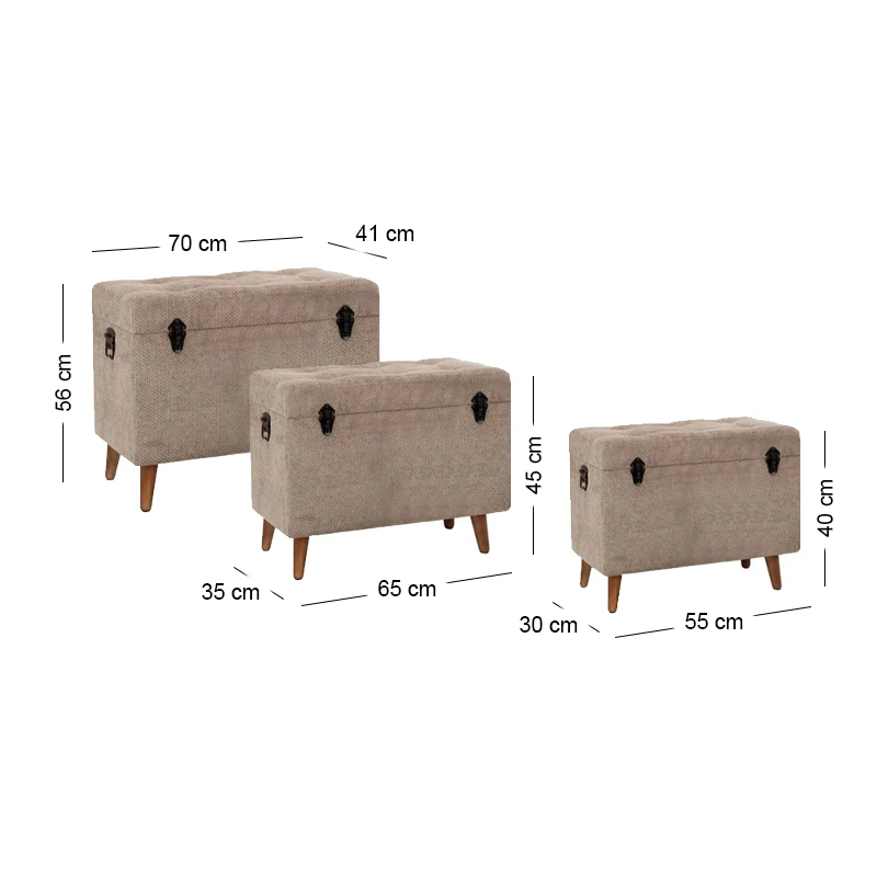 SET 3 ELEPHANT STOOL CHEST ON WOODEN LEGS D70X41X56CM 63X35X45CM 55X30X40CM