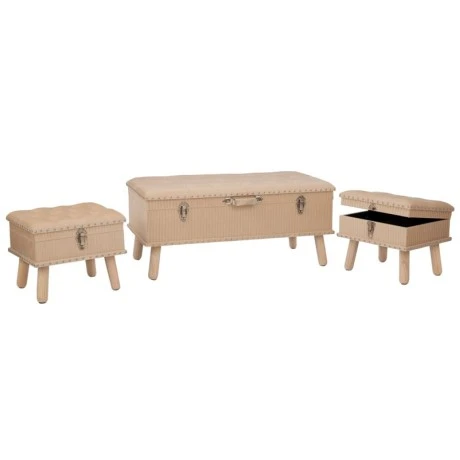 SET 3 CRΘME CAPITONE STOOL CHEST WITH SILVER DETAILS 90X44X40CM 40X32X32CM (X2)