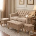 SET 3 CRΘME CAPITONE STOOL CHEST WITH SILVER DETAILS 90X44X40CM 40X32X32CM (X2)