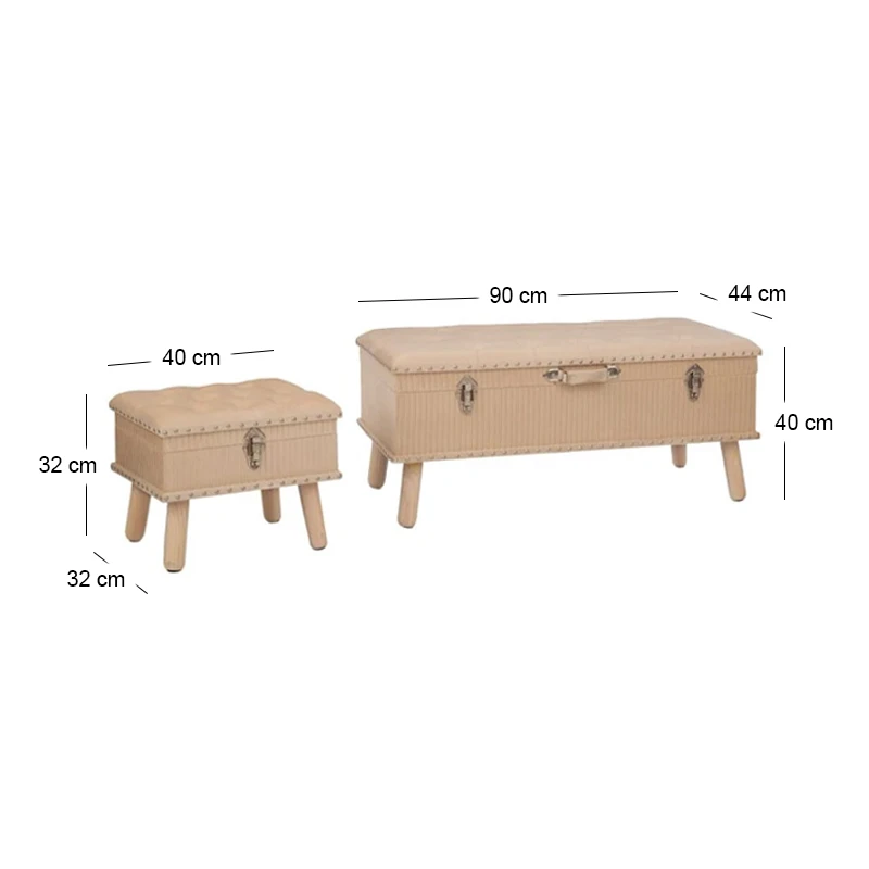 SET 3 CRΘME CAPITONE STOOL CHEST WITH SILVER DETAILS 90X44X40CM 40X32X32CM (X2)