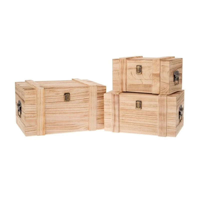 SET 3 DECO WOODEN NATURAL COLOR CHESTS WITH BLACK METAL HANDLES 38Χ27,5X22  33Χ23X18,5  28Χ18X15,5CM