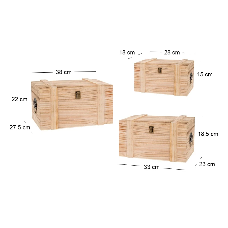 SET 3 DECO WOODEN NATURAL COLOR CHESTS WITH BLACK METAL HANDLES 38Χ27,5X22  33Χ23X18,5  28Χ18X15,5CM