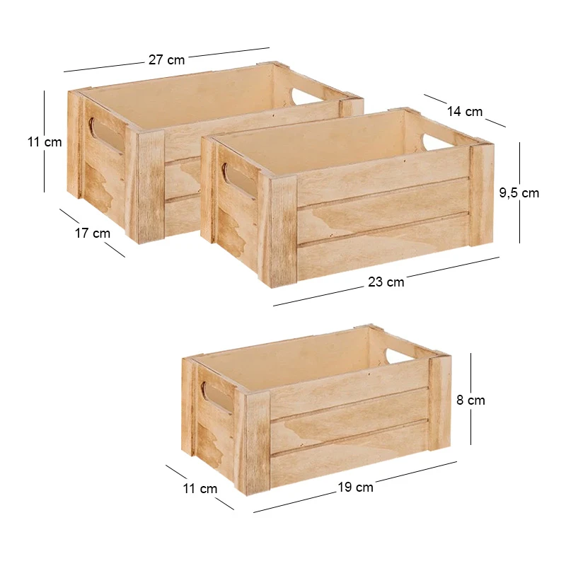 SET 3 NATURAL WOODEN CRATE 27X17X11 23X14X9 19X11X8CM
