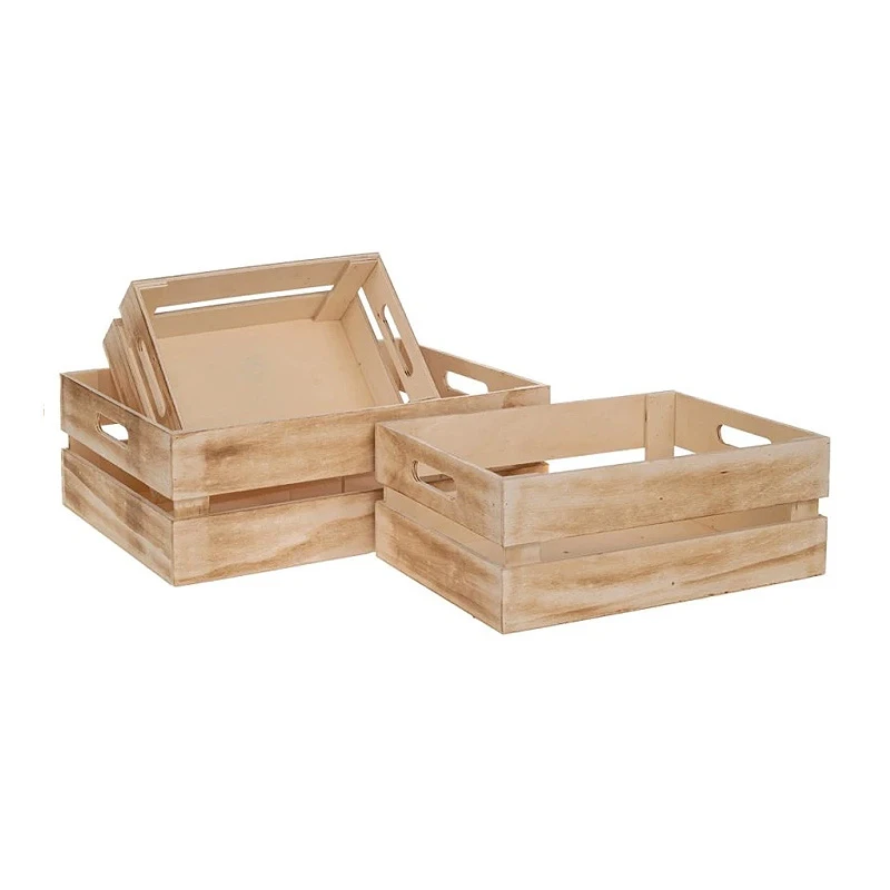 SET 3 NATURAL WOODEN CRATE 38X18X13 33X23X12 27X18X10CM