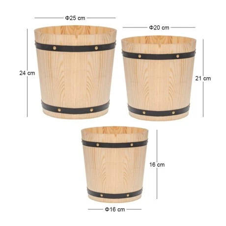 SET 3 WOODEN BUCKET IN NATURAL COLOR WITH BLACK METAL DETAIL D16Χ24  D20Χ20,5  D24Χ16CM