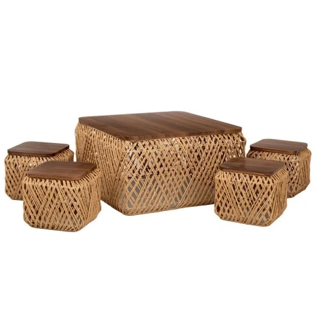 SET 5 NATURAL ROPE TABLE WITH 4 STOLLS